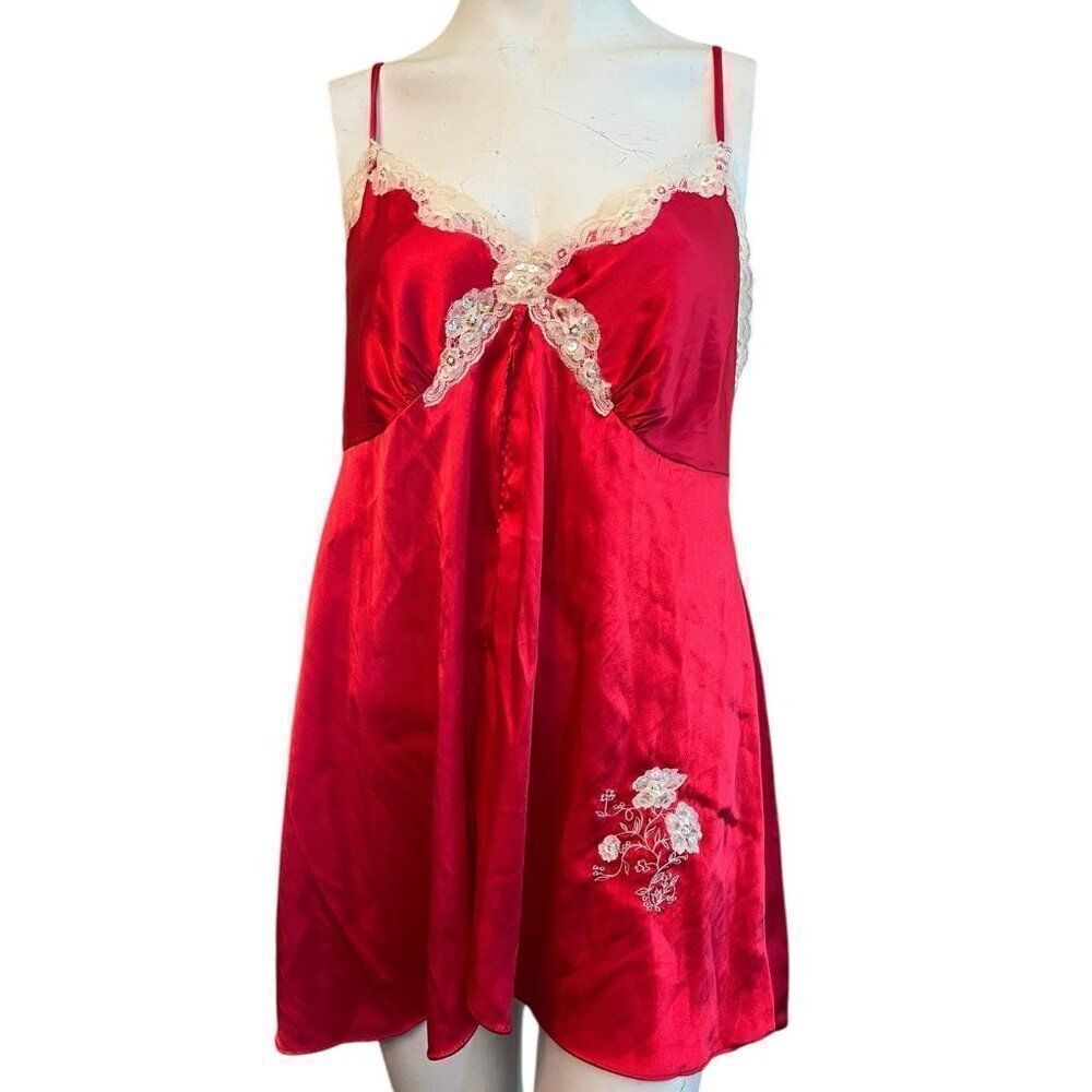 Secret Treasures Large Red Satin Nightie Babydoll Dress Lace Trim Split Front